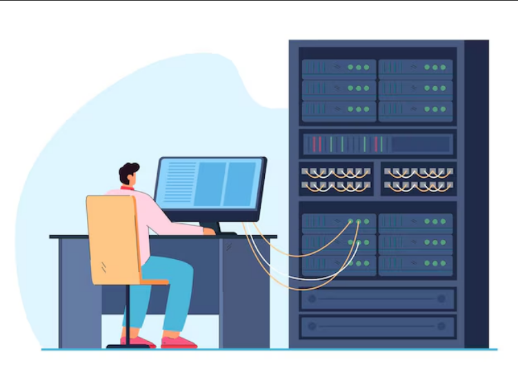Image : Un serveur informatique avec des graphiques de performance et des lignes de code